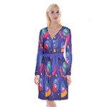 Cartoon Funny Aliens With Ufo Duck Starry Sky Set Long Sleeve Velvet Front Wrap Dress