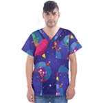 Cartoon Funny Aliens With Ufo Duck Starry Sky Set Men s V-Neck Scrub Top