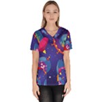Cartoon Funny Aliens With Ufo Duck Starry Sky Set Women s V-Neck Scrub Top