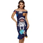 Boy Spaceman Space Rocket Ufo Planets Stars Off Shoulder Ruffle Split Hem Bodycon Dress