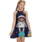 Boy Spaceman Space Rocket Ufo Planets Stars Kids  Halter Collar Waist Tie Chiffon Dress