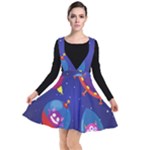 Cartoon Funny Aliens With Ufo Duck Starry Sky Set Plunge Pinafore Dress