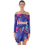 Cartoon Funny Aliens With Ufo Duck Starry Sky Set Off Shoulder Top with Skirt Set