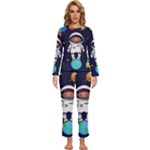 Boy Spaceman Space Rocket Ufo Planets Stars Womens  Long Sleeve Lightweight Pajamas Set
