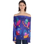 Cartoon Funny Aliens With Ufo Duck Starry Sky Set Off Shoulder Long Sleeve Top
