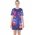 Cartoon Funny Aliens With Ufo Duck Starry Sky Set Sixties Short Sleeve Mini Dress