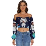 Boy Spaceman Space Rocket Ufo Planets Stars Long Sleeve Crinkled Weave Crop Top