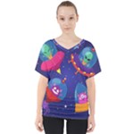 Cartoon Funny Aliens With Ufo Duck Starry Sky Set V-Neck Dolman Drape Top
