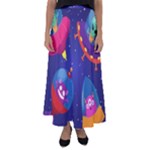 Cartoon Funny Aliens With Ufo Duck Starry Sky Set Flared Maxi Skirt