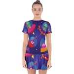 Cartoon Funny Aliens With Ufo Duck Starry Sky Set Drop Hem Mini Chiffon Dress