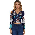 Boy Spaceman Space Rocket Ufo Planets Stars Long Sleeve V-Neck Top
