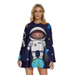 Boy Spaceman Space Rocket Ufo Planets Stars Round Neck Long Sleeve Bohemian Style Chiffon Mini Dress