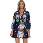 Boy Spaceman Space Rocket Ufo Planets Stars V-Neck Placket Mini Dress