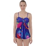 Cartoon Funny Aliens With Ufo Duck Starry Sky Set Babydoll Tankini Top