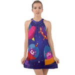 Cartoon Funny Aliens With Ufo Duck Starry Sky Set Halter Tie Back Chiffon Dress