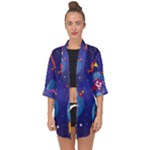 Cartoon Funny Aliens With Ufo Duck Starry Sky Set Open Front Chiffon Kimono