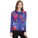 Cartoon Funny Aliens With Ufo Duck Starry Sky Set Women s Long Sleeve Rash Guard