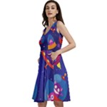 Cartoon Funny Aliens With Ufo Duck Starry Sky Set Sleeveless V-Neck Skater Dress with Pockets