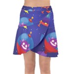 Cartoon Funny Aliens With Ufo Duck Starry Sky Set Wrap Front Skirt
