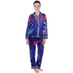 Cartoon Funny Aliens With Ufo Duck Starry Sky Set Women s Long Sleeve Satin Pajamas Set	