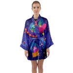 Cartoon Funny Aliens With Ufo Duck Starry Sky Set Long Sleeve Satin Kimono