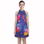 Cartoon Funny Aliens With Ufo Duck Starry Sky Set Velvet Halter Neckline Dress 