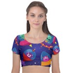 Cartoon Funny Aliens With Ufo Duck Starry Sky Set Velvet Short Sleeve Crop Top 