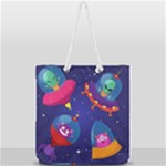 Cartoon Funny Aliens With Ufo Duck Starry Sky Set Full Print Rope Handle Tote (Large)