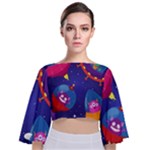 Cartoon Funny Aliens With Ufo Duck Starry Sky Set Tie Back Butterfly Sleeve Chiffon Top