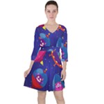 Cartoon Funny Aliens With Ufo Duck Starry Sky Set Quarter Sleeve Ruffle Waist Dress