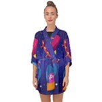 Cartoon Funny Aliens With Ufo Duck Starry Sky Set Half Sleeve Chiffon Kimono