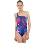 Cartoon Funny Aliens With Ufo Duck Starry Sky Set Classic One Shoulder Swimsuit