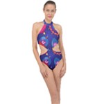 Cartoon Funny Aliens With Ufo Duck Starry Sky Set Halter Side Cut Swimsuit