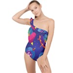 Cartoon Funny Aliens With Ufo Duck Starry Sky Set Frilly One Shoulder Swimsuit