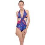 Cartoon Funny Aliens With Ufo Duck Starry Sky Set Halter Front Plunge Swimsuit