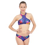 Cartoon Funny Aliens With Ufo Duck Starry Sky Set High Neck Bikini Set