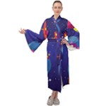 Cartoon Funny Aliens With Ufo Duck Starry Sky Set Maxi Velvet Kimono