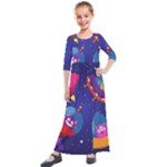 Cartoon Funny Aliens With Ufo Duck Starry Sky Set Kids  Quarter Sleeve Maxi Dress
