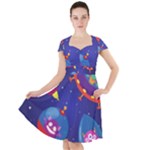Cartoon Funny Aliens With Ufo Duck Starry Sky Set Cap Sleeve Midi Dress