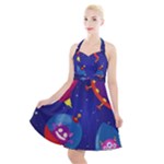 Cartoon Funny Aliens With Ufo Duck Starry Sky Set Halter Party Swing Dress 