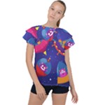 Cartoon Funny Aliens With Ufo Duck Starry Sky Set Ruffle Collar Chiffon Blouse