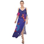 Cartoon Funny Aliens With Ufo Duck Starry Sky Set Maxi Chiffon Cover Up Dress