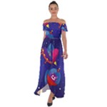 Cartoon Funny Aliens With Ufo Duck Starry Sky Set Off Shoulder Open Front Chiffon Dress