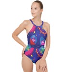 Cartoon Funny Aliens With Ufo Duck Starry Sky Set High Neck One Piece Swimsuit