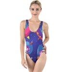 Cartoon Funny Aliens With Ufo Duck Starry Sky Set High Leg Strappy Swimsuit