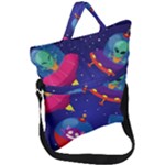 Cartoon Funny Aliens With Ufo Duck Starry Sky Set Fold Over Handle Tote Bag