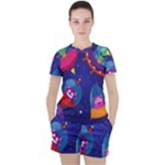 Cartoon Funny Aliens With Ufo Duck Starry Sky Set Women s T-Shirt and Shorts Set