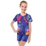 Cartoon Funny Aliens With Ufo Duck Starry Sky Set Kids  Mesh T-Shirt and Shorts Set