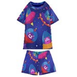Cartoon Funny Aliens With Ufo Duck Starry Sky Set Kids  Swim T-Shirt and Shorts Set