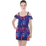 Cartoon Funny Aliens With Ufo Duck Starry Sky Set Ruffle Cut Out Chiffon Playsuit